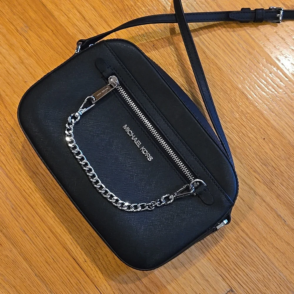 Michael Kors Black Grossgrain Silver Chain Crossbody Purse